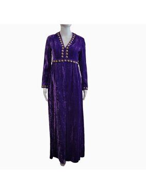 1970s Purple Crushed Velvet Empire Waist Maxi Dress Johnny Herbert Original